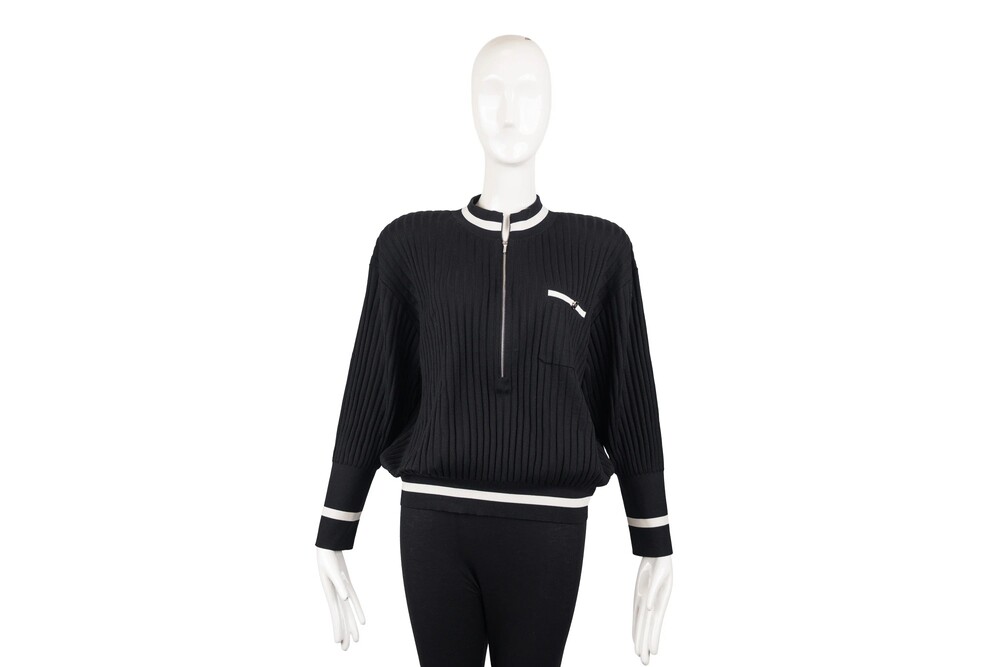 Chanel Black White Half-Zip Sweater Ribbed Knit Silver Hardware Size 50